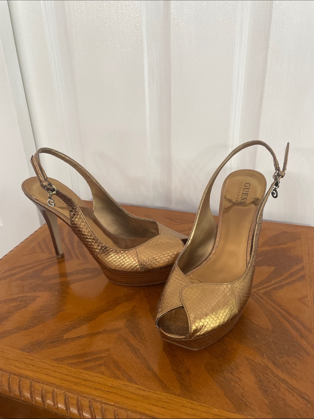 Guess Bronze Peep-Toe Slingback Heels